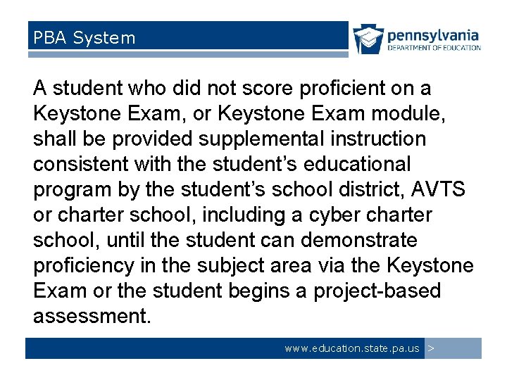 PBA System A student who did not score proficient on a Keystone Exam, or
