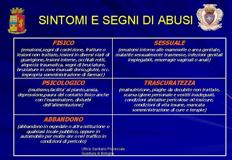 SINTOMI E SEGNI DI ABUSI FISICO SESSUALE (ematomi, segni di costrizione, fratture o lesioni