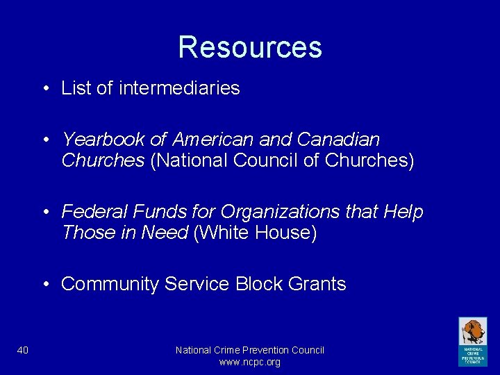 Resources • List of intermediaries • Yearbook of American and Canadian Churches (National Council