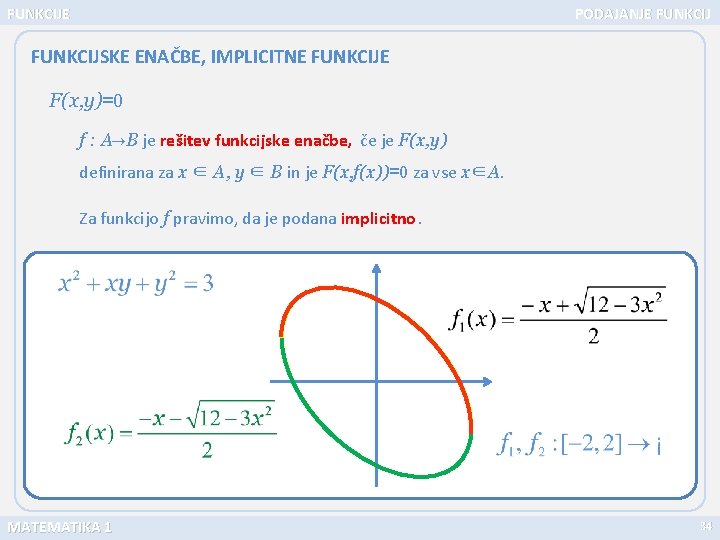 FUNKCIJE PODAJANJE FUNKCIJSKE ENAČBE, IMPLICITNE FUNKCIJE F(x, y)=0 f : A B je rešitev