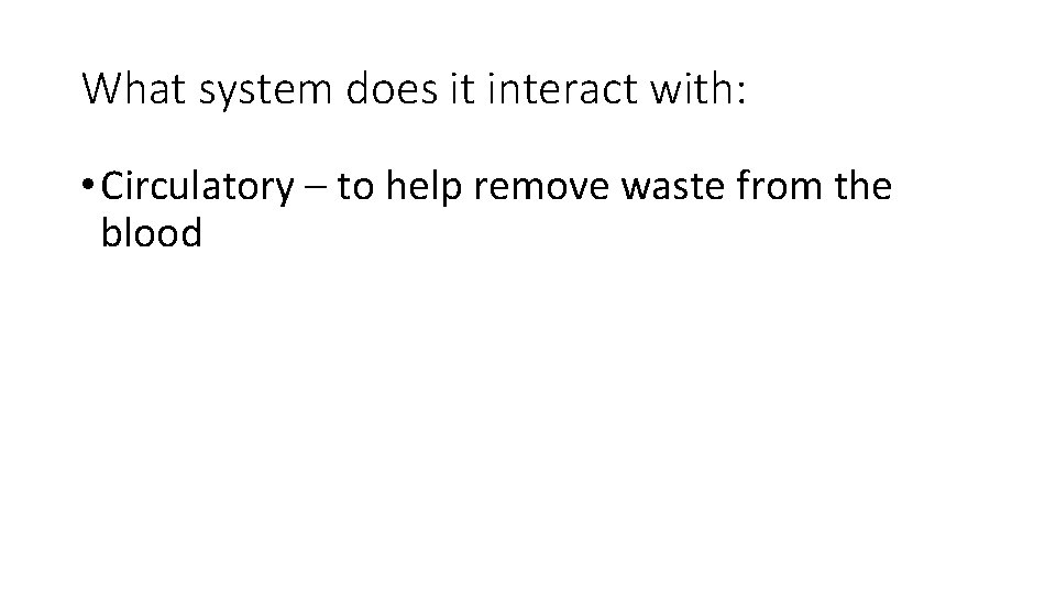 What system does it interact with: • Circulatory – to help remove waste from