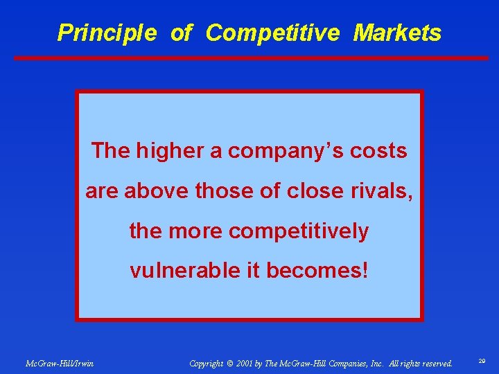 Principle of Competitive Markets The higher a company’s costs are above those of close