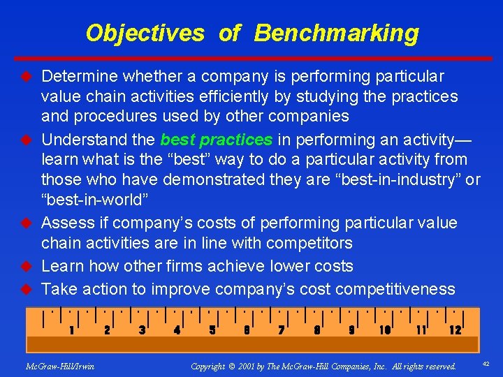 Objectives of Benchmarking u Determine whether a company is performing particular u u value