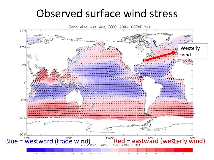 Observed surface wind stress Westerly wind Blue = westward (trade wind) Red = eastward