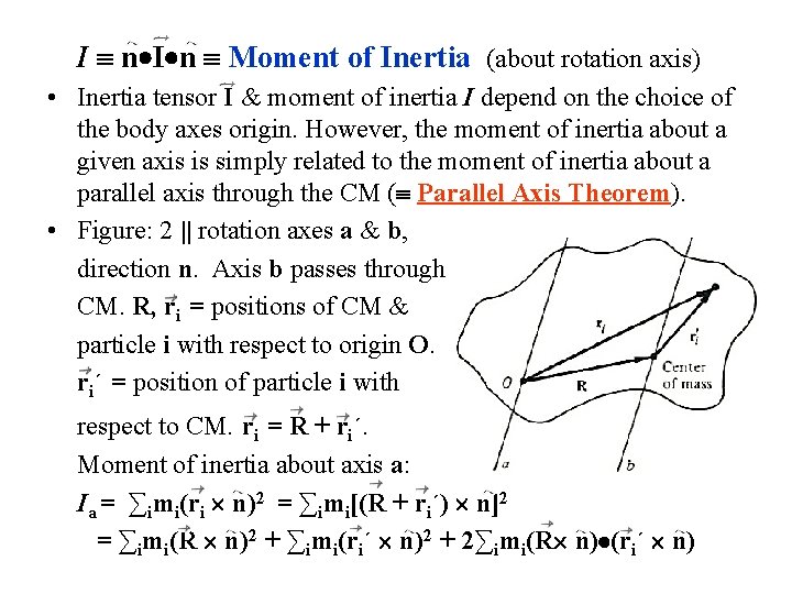 I n I n Moment of Inertia (about rotation axis) • Inertia tensor I