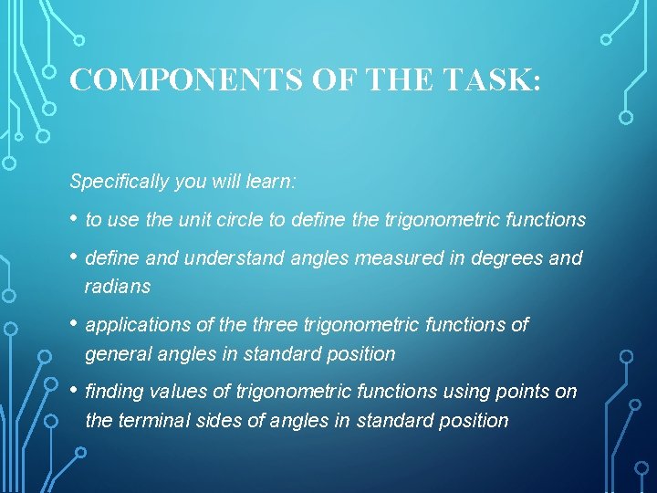 COMPONENTS OF THE TASK: Specifically you will learn: • to use the unit circle