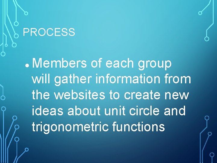 PROCESS Members of each group will gather information from the websites to create new