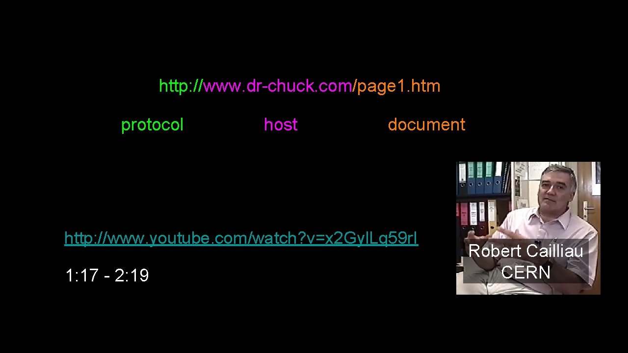 http: //www. dr-chuck. com/page 1. htm protocol host document http: //www. youtube. com/watch? v=x