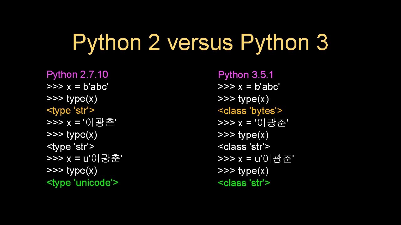 Python 2 versus Python 3 Python 2. 7. 10 >>> x = b'abc' >>>
