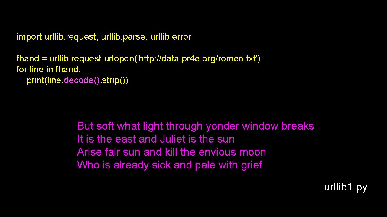 import urllib. request, urllib. parse, urllib. error fhand = urllib. request. urlopen('http: //data. pr