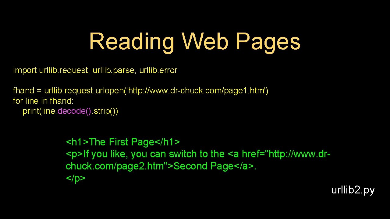 Reading Web Pages import urllib. request, urllib. parse, urllib. error fhand = urllib. request.