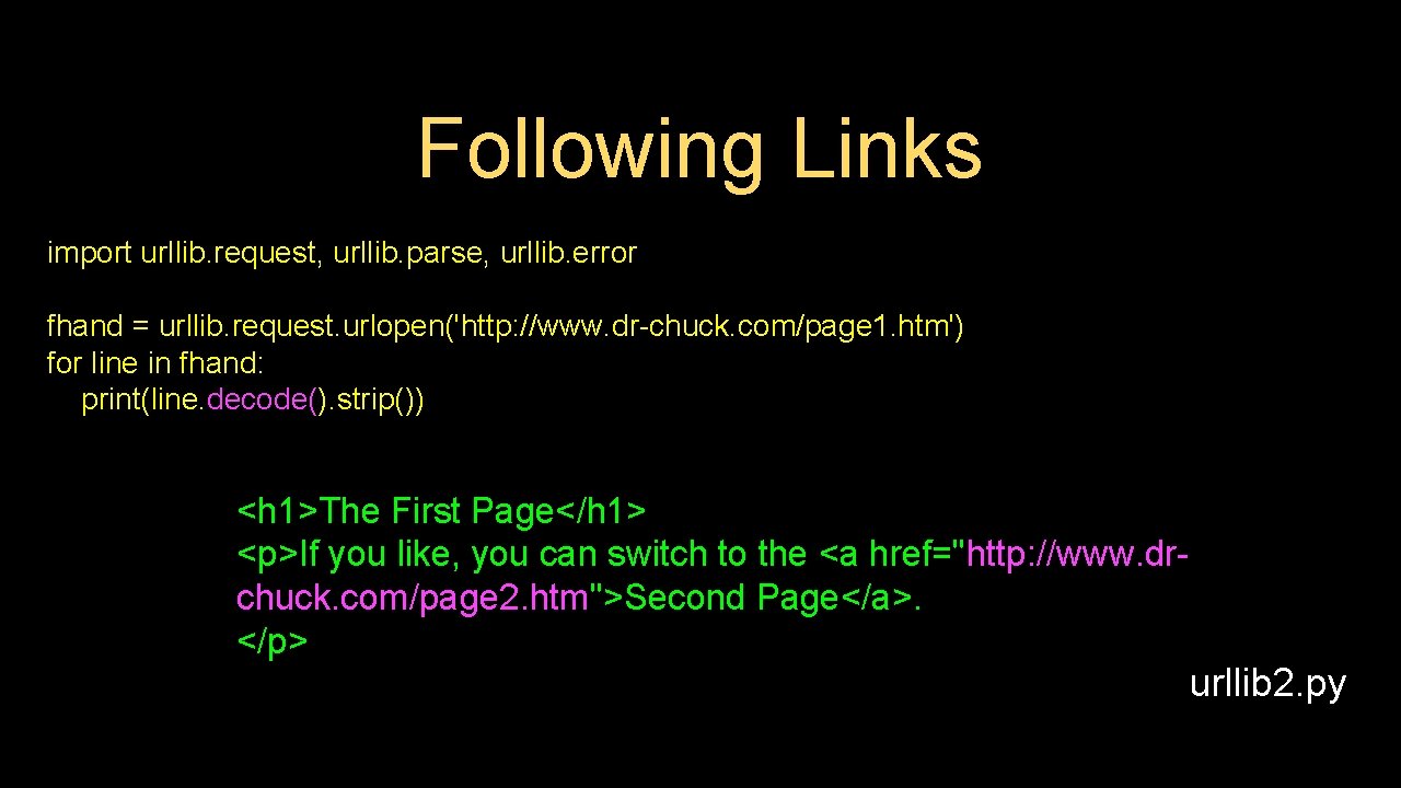 Following Links import urllib. request, urllib. parse, urllib. error fhand = urllib. request. urlopen('http:
