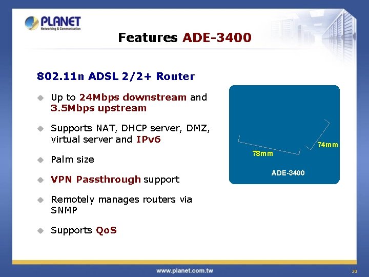 Features ADE-3400 802. 11 n ADSL 2/2+ Router u Up to 24 Mbps downstream