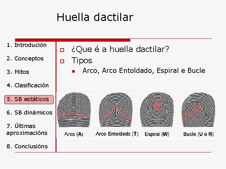 Huella dactilar 1. Introdución 2. Conceptos 3. Mitos 4. Clasificación 5. SB estáticos 6.