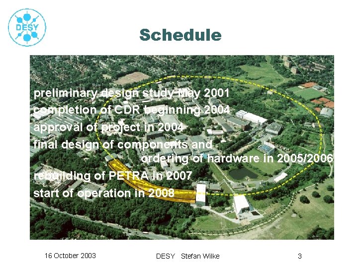 Schedule preliminary design study May 2001 completion of CDR beginning 2004 approval of project