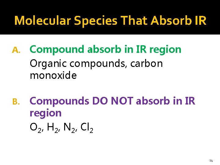Molecular Species That Absorb IR A. Compound absorb in IR region Organic compounds, carbon