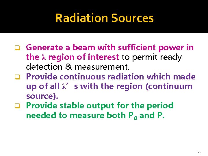 Radiation Sources Generate a beam with sufficient power in the λ region of interest
