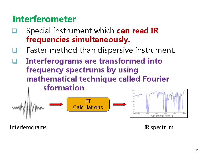 Interferometer q q q Special instrument which can read IR frequencies simultaneously. Faster method