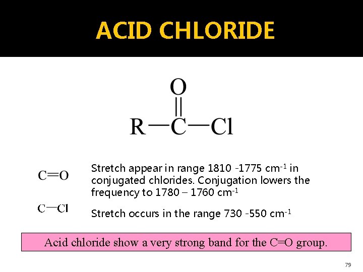 ACID CHLORIDE Stretch appear in range 1810 -1775 cm-1 in conjugated chlorides. Conjugation lowers