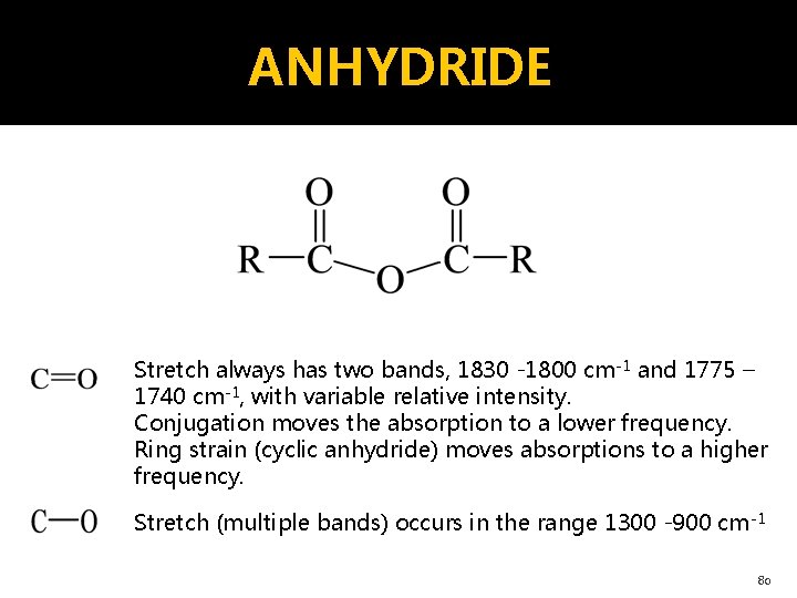 ANHYDRIDE Stretch always has two bands, 1830 -1800 cm-1 and 1775 – 1740 cm-1,