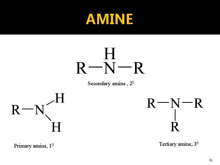 AMINE Secondary amine , 20 Primary amine, 10 Tertiary amine, 30 81 