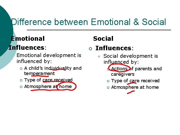 Difference between Emotional & Social Emotional ¡ Influences: l Emotional development is influenced by: