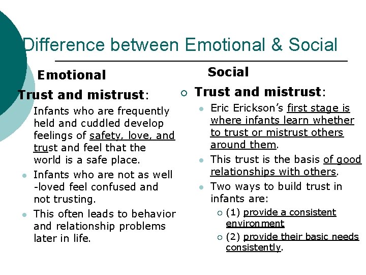 Difference between Emotional & Social Emotional ¡ Trust and mistrust: l l l Infants