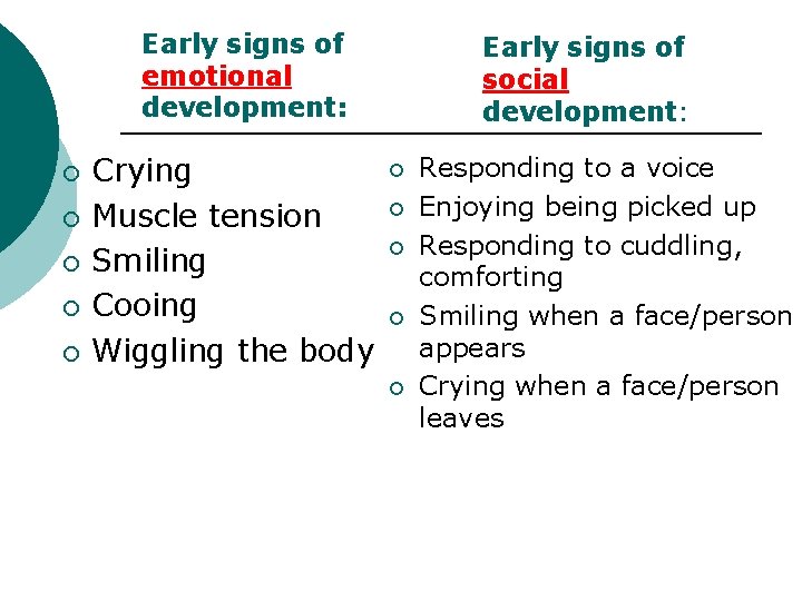 Early signs of emotional development: ¡ ¡ ¡ Crying Muscle tension Smiling Cooing Wiggling