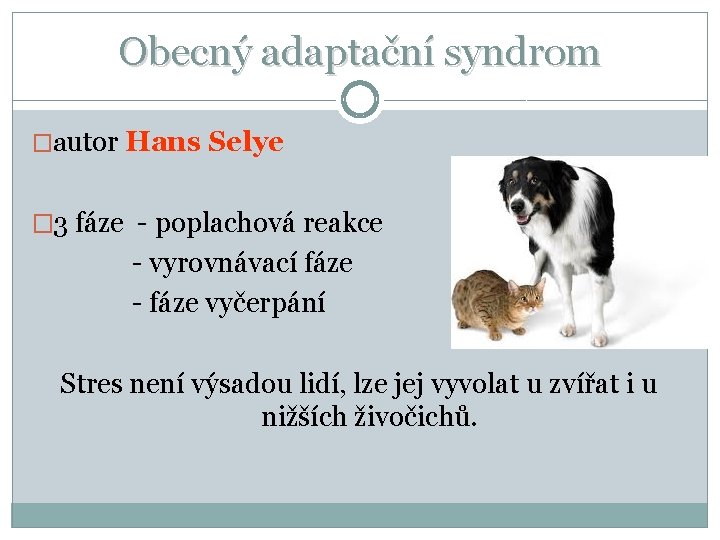 Obecný adaptační syndrom �autor Hans Selye � 3 fáze - poplachová reakce - vyrovnávací