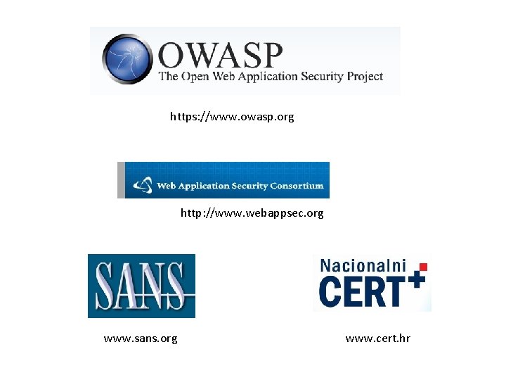 https: //www. owasp. org http: //www. webappsec. org www. sans. org www. cert. hr