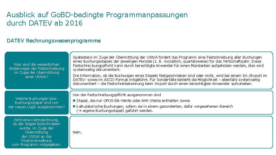 Ausblick auf Go. BD-bedingte Programmanpassungen durch DATEV ab 2016 DATEV Rechnungswesenprogramme Was sind die