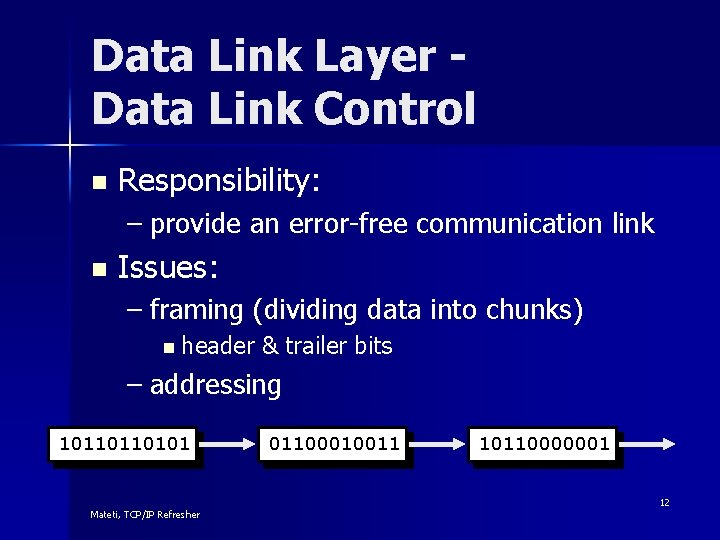 Data Link Layer Data Link Control n Responsibility: – provide an error-free communication link