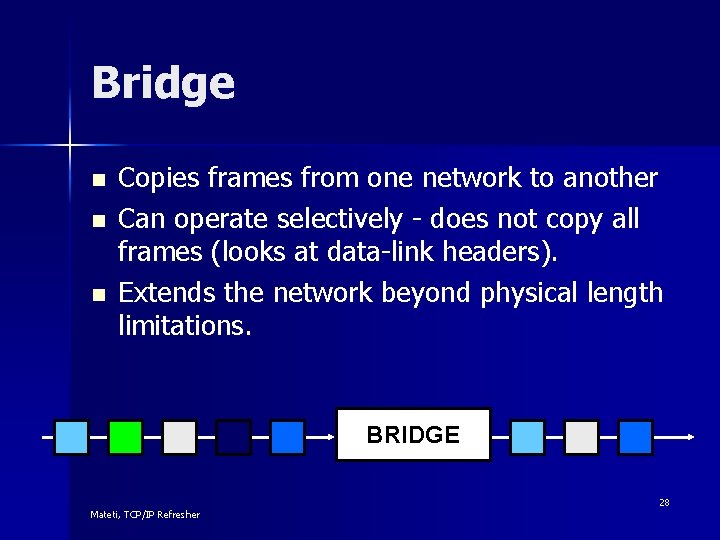 Bridge n n n Copies frames from one network to another Can operate selectively