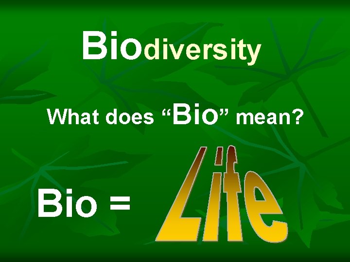 Biodiversity What does “Bio” mean? Bio = 