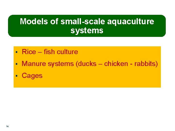 Models of small-scale aquaculture systems 14 § Rice – fish culture § Manure systems