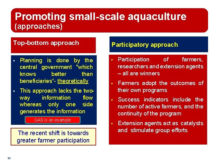 Promoting small-scale aquaculture (approaches) Top-bottom approach § § Planning is done by the central