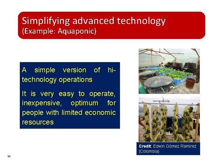 Simplifying advanced technology (Example: Aquaponic) A simple version of hi- technology operations It is