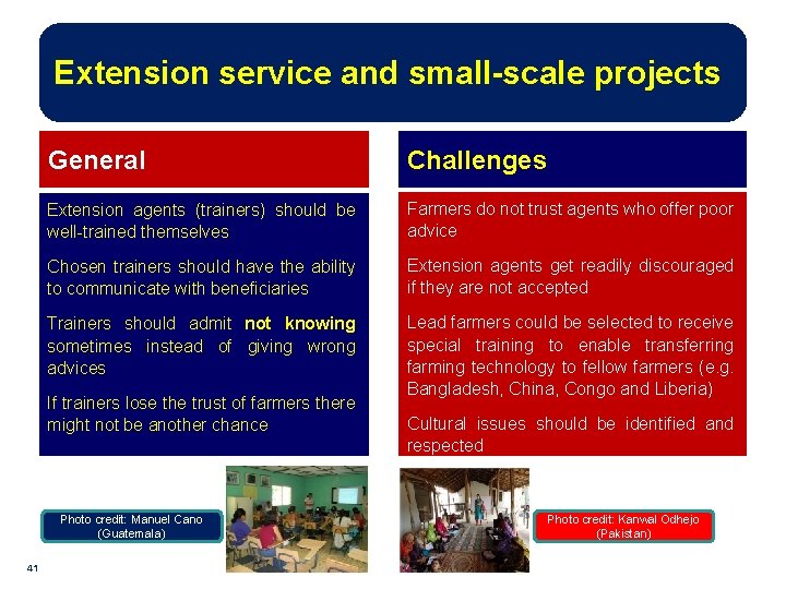 Extension service and small-scale projects General Challenges Extension agents (trainers) should be well-trained themselves