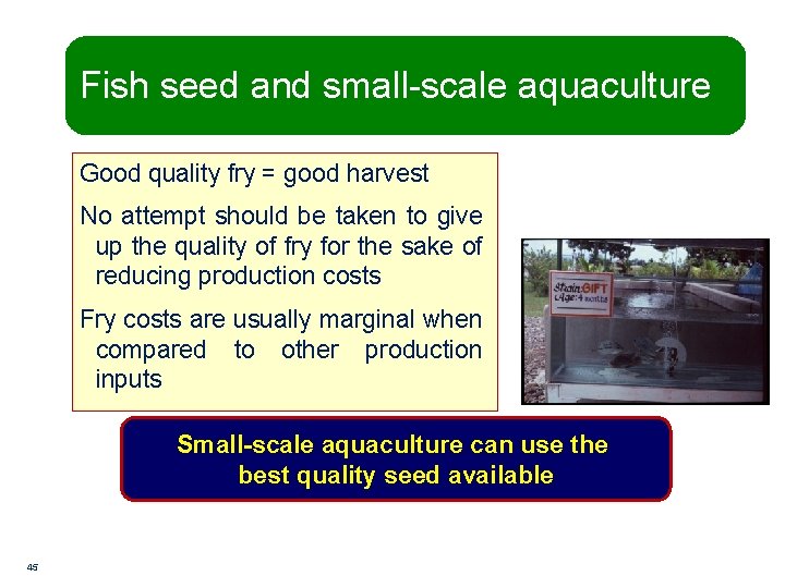 Fish seed and small-scale aquaculture Good quality fry = good harvest No attempt should