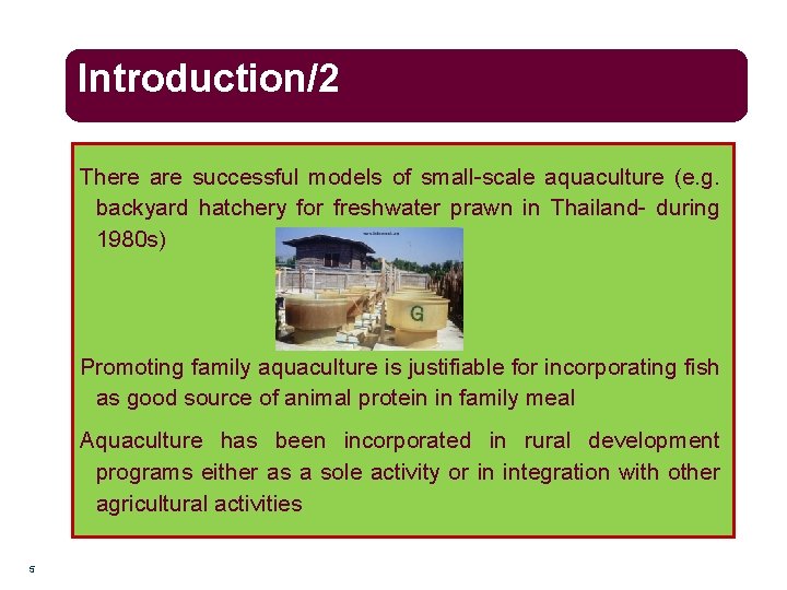 Introduction/2 There are successful models of small-scale aquaculture (e. g. backyard hatchery for freshwater