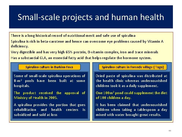 Small-scale projects and human health There is a long historical record of nutritional merit