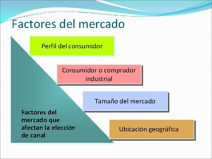 Factores del mercado Perfil del consumidor Consumidor o comprador industrial Tamaño del mercado Factores