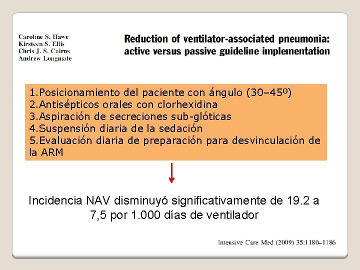 1. Posicionamiento del paciente con ángulo (30– 45º) 2. Antisépticos orales con clorhexidina 3.