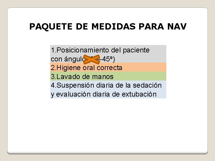 PAQUETE DE MEDIDAS PARA NAV 1. Posicionamiento del paciente con ángulo (30– 45º) 2.