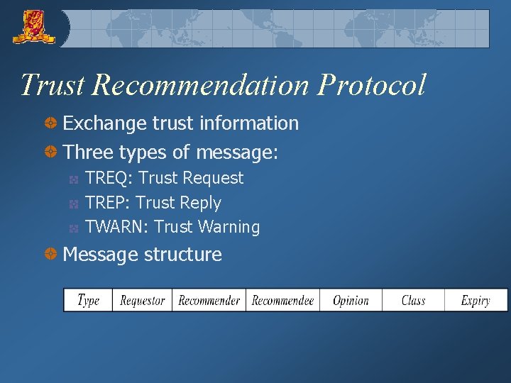 Trust Recommendation Protocol Exchange trust information Three types of message: TREQ: Trust Request TREP: