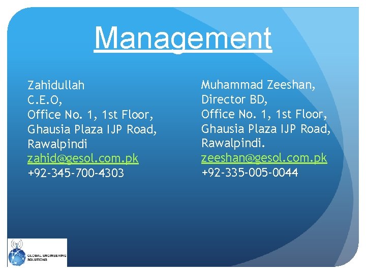 Management Zahidullah C. E. O, Office No. 1, 1 st Floor, Ghausia Plaza IJP