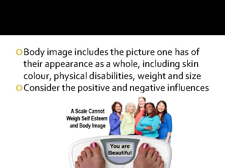  Body image includes the picture one has of their appearance as a whole,