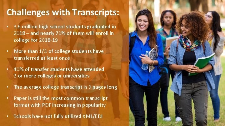 Challenges with Transcripts: • 3. 6 million high school students graduated in 2018 –