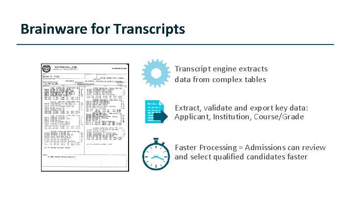 Brainware for Transcripts Transcript engine extracts data from complex tables Extract, validate and export