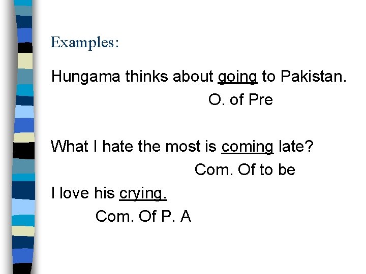 Examples: Hungama thinks about going to Pakistan. O. of Pre What I hate the